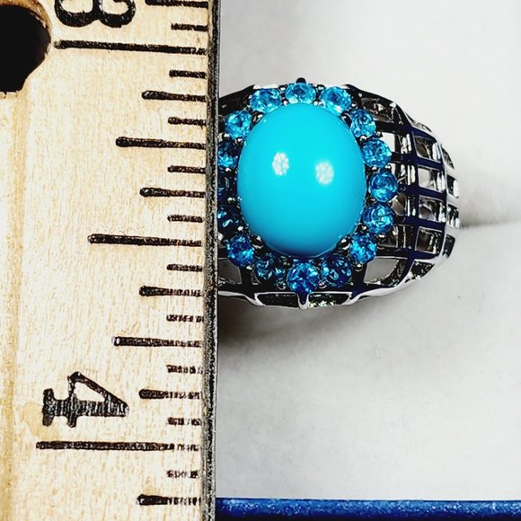 Natural Arizona Sleeping Beauty Turquoise/Neon Apatite Halo ring in Rhodium/925 - Picture 2 of 6